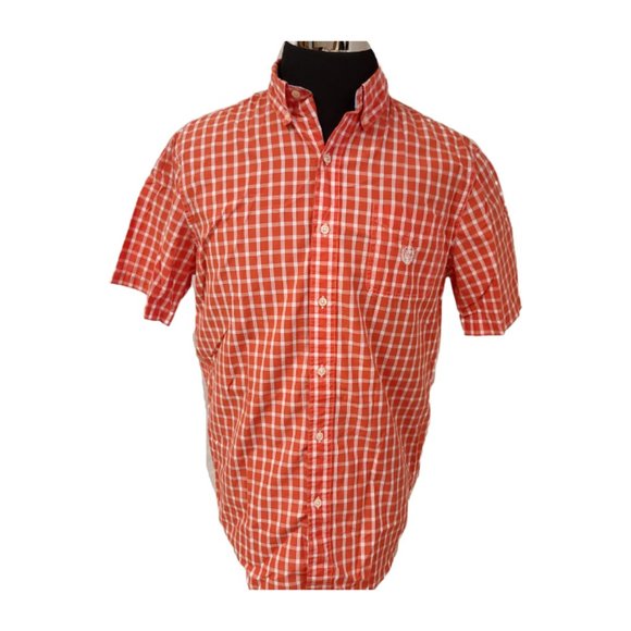 Chaps Easy Care Mens Large Orange Plaid Short Sleeve Button Up Logo Shirt - Picture 1 of 13